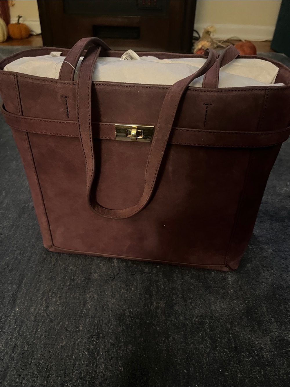 Ann Taylor Plum Suede Tote with Gold-Tone Turn Lock Accents